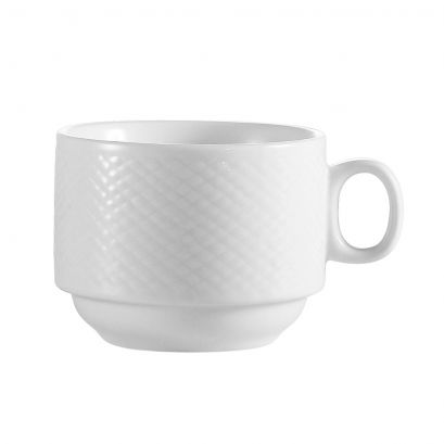 C.A.C. 8oz Stacking Cup, made from durable, chip-resistant porcelain. Ideal for coffee, tea, and hot beverages. SKU: RSCAC-BST-1-S.
