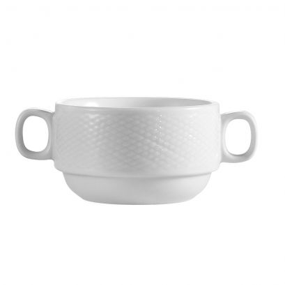 C.A.C. 8oz porcelain stacking bouillon cup with handles, durable and elegant. SKU: RSCAC-BST-46.