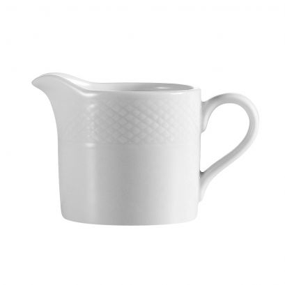 C.A.C. white porcelain 4oz creamer with handle and spout, ideal for restaurants and cafés. SKU: RSCAC-BST-PC.