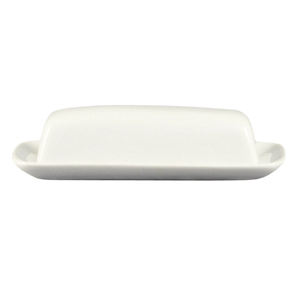 C.A.C. white porcelain butter dish with cover, 8 1/4" x 6 3/4", perfect for food service and elegant table presentation. SKU: RSCAC-BTD-8.

