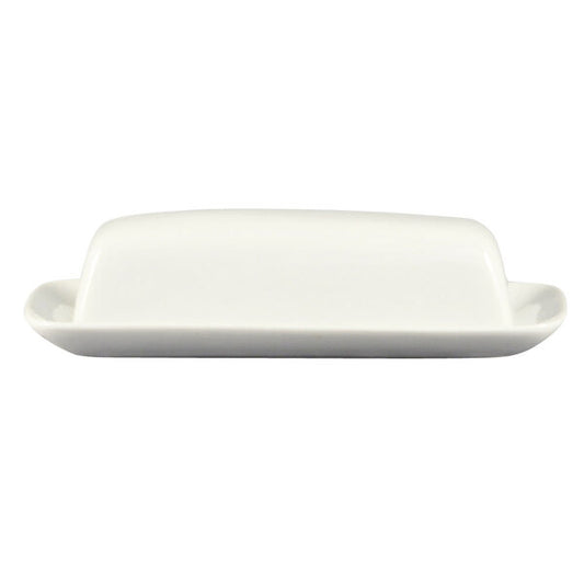 C.A.C. white porcelain butter dish with cover, 8 1/4" x 6 3/4", perfect for food service and elegant table presentation. SKU: RSCAC-BTD-8.

