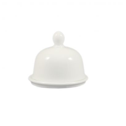 C.A.C. 1oz white porcelain butter dish with lid, 3 1/2", ideal for individual butter servings in restaurants and hotels. SKU: RSCAC-BUT-1.
