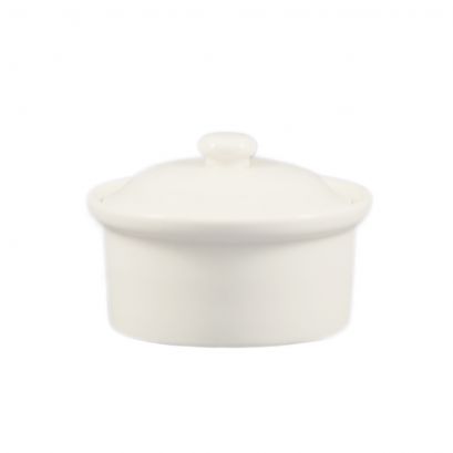 C.A.C. porcelain casserole dish with lid, 12oz capacity, ideal for restaurant and catering use. Sold in a bulk case of 24. SKU: RSCAC-CAS-10.
