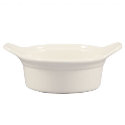 C.A.C. 15oz porcelain casserole with dual handles, 7 1/4", perfect for serving soups and baked dishes. Durable and stylish, case of 24. SKU: RSCAC-CAS-22.

