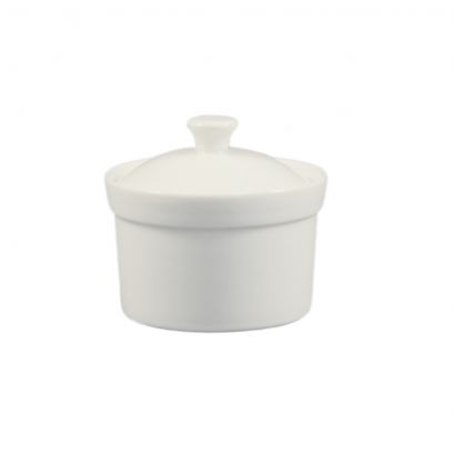 C.A.C. 10oz porcelain soup bowl with lid, 4" heat-retaining serveware. Durable, stylish, case of 24. SKU: RSCAC-CAS-B10.
