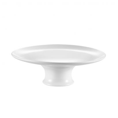 C.A.C. 12" Flat Cake Plate with Foot – Durable, chip-resistant porcelain cake stand for professional dessert presentations. 6 per case. SKU: RSCAC-CKST-21F.
