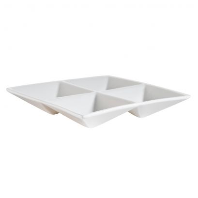 C.A.C. 6 1/2" 4-Section Square Dish – Durable, chip-resistant porcelain dish with four compartments for sauces, condiments, and tastings. 24 per case. SKU: RSCAC-CMP-A7.
