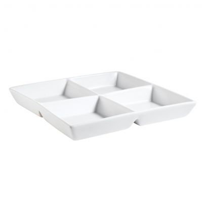 C.A.C. 8" 4-Compartment Square Tray – Durable, chip-resistant porcelain tray with four 4oz sections for organized meal service. 24 per case. SKU: RSCAC-CMP-D8.