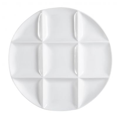 C.A.C. 12" 9-Compartment Round Tray – Durable, chip-resistant porcelain tray with nine sections for organized meal service. 12 per case. SKU: RSCAC-CMP-R12.
