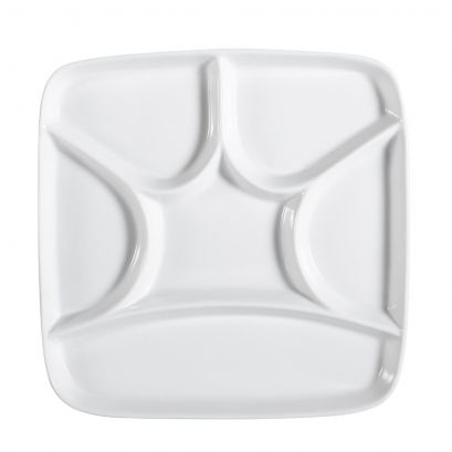 C.A.C. 8 1/2" Crown Compartment Square Tray – Elegant, chip-resistant porcelain tray with multiple sections for organized food presentation. 24 per case. SKU: RSCAC-CMP-SQ8.
