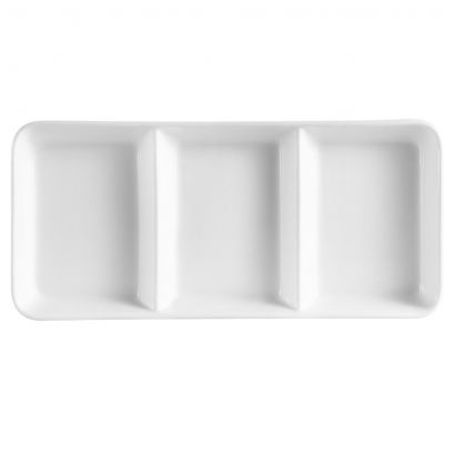 C.A.C. 12 1/2" 3-Compartment Rectangular Tray – Chip-resistant porcelain tray with three sections for appetizers, sides, and sauces. 12 per case. SKU: RSCAC-CN-3T13.
