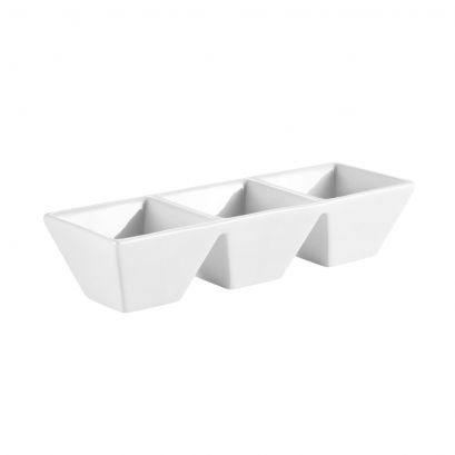 C.A.C. 9 5/8" 3-Compartment Rectangular Tray – Durable, chip-resistant porcelain tray with three sections for sauces, appetizers, and sides. 24 per case. SKU: RSCAC-CN-3T9.
