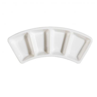 C.A.C. 4 Section Dish – 8 1/2" chip-resistant porcelain divided plate, perfect for sauces, dips, and small appetizers. 36 per case. SKU: RSCAC-CN-4B8.