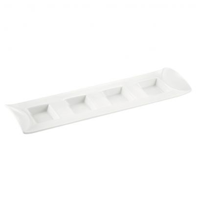 C.A.C. 4 Compartment Rectangular Tasting Tray – 12 7/8" durable, chip-resistant porcelain tray for sauces, condiments, and tastings. 24 per case. SKU: RSCAC-CN-4T12.
