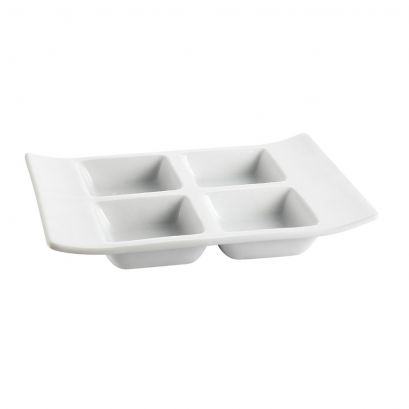 C.A.C. 4 Compartment Rectangular Tasting Tray – 8" durable, chip-resistant porcelain tray for sauces, condiments, and tastings. 24 per case. SKU: RSCAC-CN-4T8.