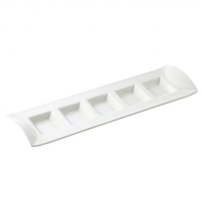 C.A.C. 5 Compartment Rectangular Tasting Tray – 13" durable porcelain tray with five compartments for tastings, condiments, and small appetizers. 24 per case. SKU: RSCAC-CN-5T13.