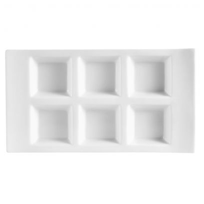 C.A.C. 6 Compartment Rectangular Tasting Tray – 10 3/4" durable porcelain tray with six compartments for tastings, sauces, and small appetizers. 12 per case. SKU: RSCAC-CN-6T10.