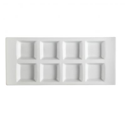 C.A.C. 8 Compartment Rectangular Tasting Tray – 1oz x 8, 13 1/2" durable porcelain tray for appetizers, tastings, and samplers. Sold 12 per case. SKU: RSCAC-CN-8T13.
