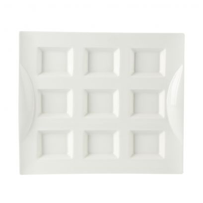 C.A.C. 9 Compartment Rectangular Tasting Tray – 0.5oz x 9, 11 3/4" durable porcelain tray for appetizers, tastings, and sauces. Sold 12 per case. SKU: RSCAC-CN-9T12.