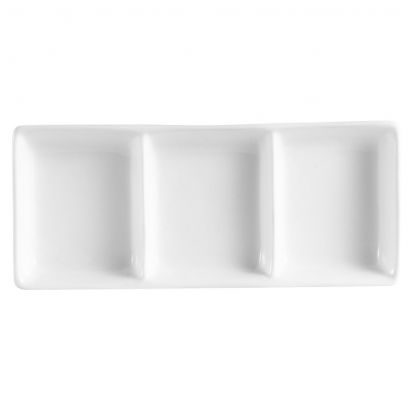 C.A.C. 3 Compartment Rectangular Dish – 7 1/2" durable porcelain dish with three 2-ounce sections, ideal for sauces and appetizers. Sold 36 per case. SKU: RSCAC-CN-D3.
