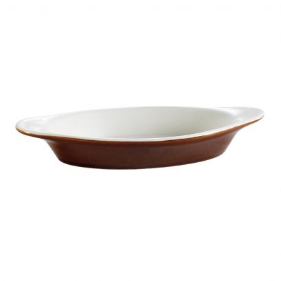C.A.C. Oval Welsh Rarebit 15oz, 10 1/2" Brown/AW ceramic dish, perfect for baked appetizers and side dishes. Oven-safe and chip-resistant. Sold 36 per case. SKU: RSCAC-COA-15-BWN.

