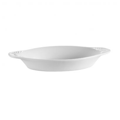 C.A.C. Oval Welsh Rarebit 15oz, 10 1/2" Porcelain White ceramic dish, perfect for baked dishes and side servings. Oven-safe and chip-resistant. Sold 36 per case. SKU: RSCAC-COA-15-P.
