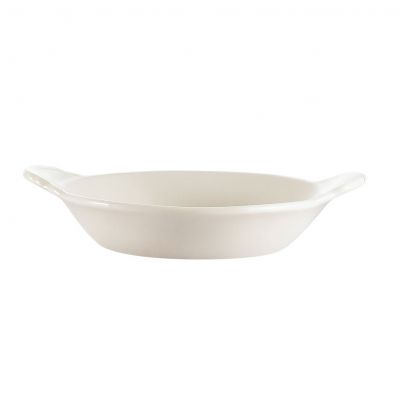C.A.C. Oval Welsh Rarebit 4oz, 6 3/4" American White ceramic dish, perfect for appetizers and baked dishes. Oven-safe and chip-resistant. Sold 48 per case. SKU: RSCAC-COA-6-W.

