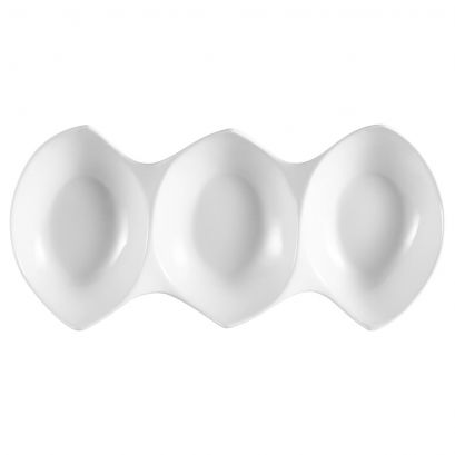 C.A.C. 3 Compartment Leaf Shape Tray, 14 3/4", 7.5oz x3, durable porcelain, ideal for commercial food service. Sold 12 per case. SKU: RSCAC-COL-3.
