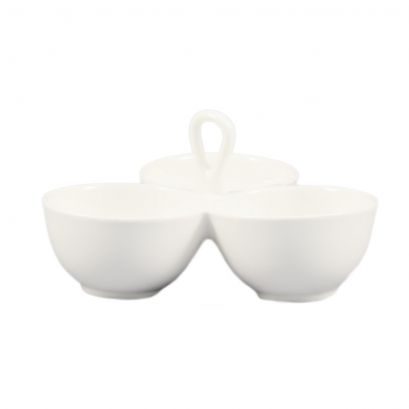 C.A.C. 3 Compartment Leaf Shape Bowl with Handle, 8oz x3, 8", chip-resistant porcelain, ideal for foodservice. Sold 12 per case. SKU: RSCAC-COL-40.
