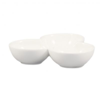 C.A.C. 3 Compartment Leaf Shape Bowl, 2oz x3, 7 1/2", chip-resistant porcelain, ideal for foodservice. Sold 12 per case. SKU: RSCAC-COL-42.