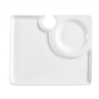 C.A.C. 9" Square Party Plate with Wine Glass Holder. Elegant porcelain plate designed for events and receptions. Sold 24 per case. SKU: RSCAC-COL-P2.
