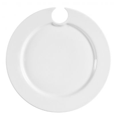 C.A.C. 9" Round Party Plate with Wine Glass Holder. Stylish and functional porcelain plate for events and receptions. Sold 24 per case. SKU: RSCAC-COL-P8.