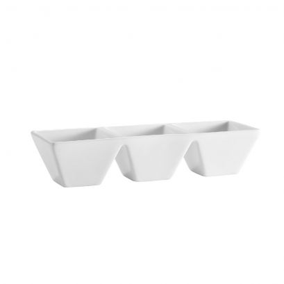 C.A.C. 3 Compartment Rectangular Tray – 9" size with three 3.5oz compartments, perfect for snacks, appetizers, and sauces. Sold in 24 per case, SKU: RSCAC-CTY-77.
