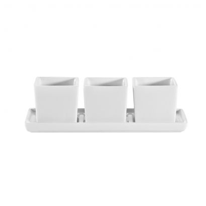 C.A.C. 3 Square Bowls with Tray – Creamy white porcelain tasting set with three 2 oz bowls on a 7 1/2" tray. Elegant and durable. 10 per case. SKU: RSCAC-DT-3RT7.