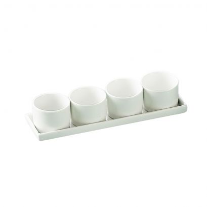 C.A.C. 4 Round Bowls with Tray – Creamy white porcelain set with four 2 oz round bowls and a 9" tray. Elegant and durable. 10 per case. SKU: RSCAC-DT-SQ10.