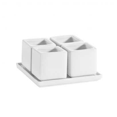 C.A.C. 4 Square Bowls with Tray – Creamy white porcelain tasting set with four 2.5 oz bowls on a 5 3/4" square tray. Durable and stylish. 10 per case. SKU: RSCAC-DT-SQ5.