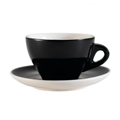 C.A.C. Black Cup & Saucer Set – 11 oz porcelain cup with matching 6 1/2" saucer in matte black. Elegant and durable. 24 sets per case. SKU: RSCAC-E-11-BLK.
