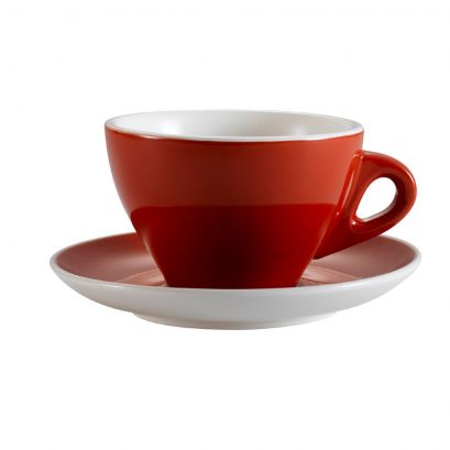 C.A.C. Red Cup & Saucer Set – 11 oz red porcelain cup with matching 6 1/2" saucer. Bright and durable. 24 sets per case. SKU: RSCAC-E-11-R.