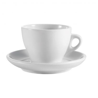 C.A.C. Cup & Saucer Set – 11 oz white porcelain cup with matching 6 1/2" saucer. Durable and elegant. 24 sets per case. SKU: RSCAC-E-11.
