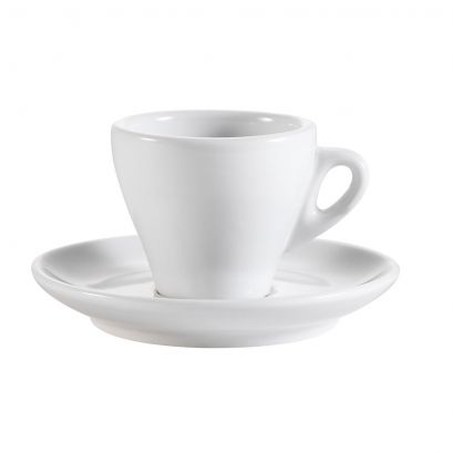 C.A.C. White Cup & Saucer Set – 3.5 oz porcelain cup with matching 4 7/8" saucer. Perfect for espresso and small beverages. 48 sets per case. SKU: RSCAC-E-3.
