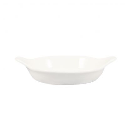 C.A.C. 16 oz Egg Dish – 12 1/4" oval white porcelain plate, perfect for breakfast platters and eggs. Chip-resistant. 12 per case. SKU: RSCAC-EGD-12.
