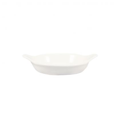 C.A.C. Egg Dish 6 oz – 6" oval white porcelain plate for single-portion servings. Chip-resistant, durable. 36 per case. SKU: RSCAC-EGD-6.
