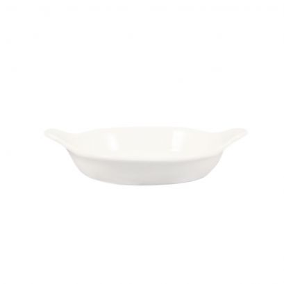 C.A.C. Egg Dish 8 oz – 7 7/8" oval white porcelain plate, chip-resistant and ideal for egg dishes or small entrees. 36 per case. SKU: RSCAC-EGD-8.