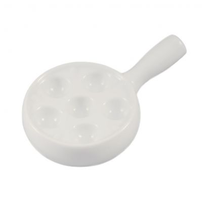 C.A.C. Escargot Dish with Handle – 10 3/4" white porcelain dish with six wells and a side handle. Durable and elegant. 24 per case. SKU: RSCAC-ESD-10-H.
