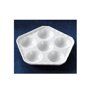 C.A.C. Escargot Dish 5 1/2" – White porcelain plate with six molded wells for escargot. Elegant and durable. 36 per case. SKU: RSCAC-ESD-5.
