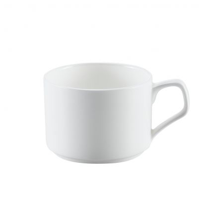 C.A.C. Stacking Cup 8oz – White porcelain cup with stackable design, perfect for restaurants and cafés. Durable and compact. 36 per case. SKU: RSCAC-EVT-1-S.
