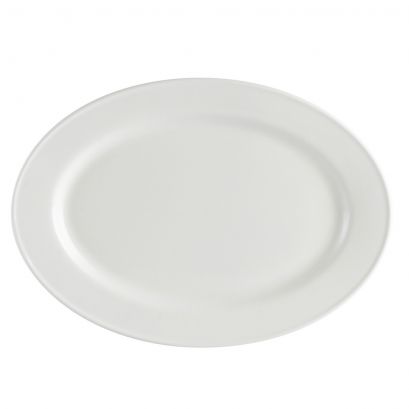 C.A.C. 11 3/4" Oval Platter – White porcelain, durable, chip-resistant, perfect for high-volume service. 12 per case. SKU: RSCAC-EVT-13.
