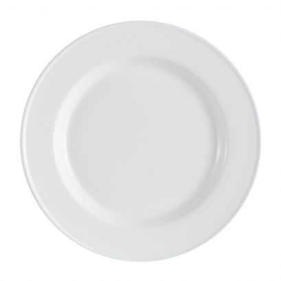 C.A.C. English Foot Plate 12" – Classic white porcelain dinner plate with raised base, sold in case of 12. SKU: RSCAC-EVT-21.
