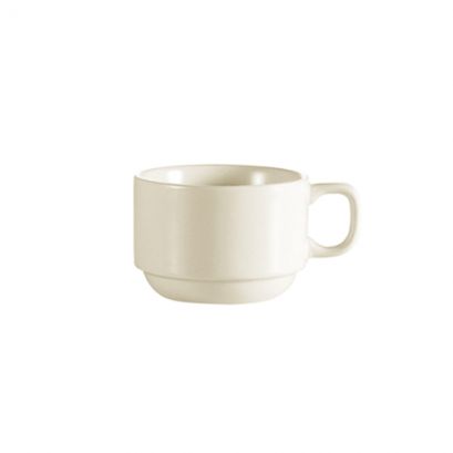 C.A.C. Stacking Cup 7oz 3 1/4" – A compact and durable cup designed to stack easily for space-saving storage. Perfect for coffee, tea, or hot beverages in restaurants, cafés, and catering settings. Made from strong porcelain for long-lasting use. 36 per case. SKU: RSCAC-STC-7.
