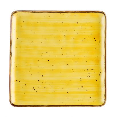 C.A.C. Square Plate Sunflower 10" – Bright porcelain plate perfect for bold food presentation. 12 per case. SKU: RSCAC-KSE-10-BLK.